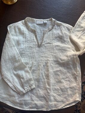 Calypso St. Barth Cream Linen Tunic Shirt with Embroidered V-Neck
